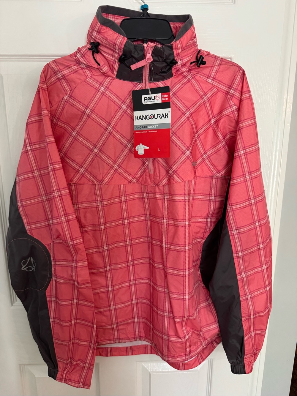 ANORAK Pink Plaid Pullover Anorak with Dark Gray Panels